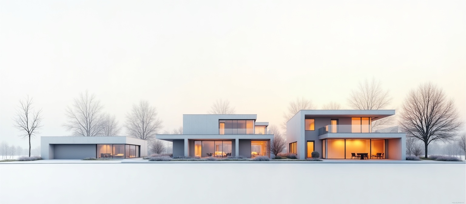 Eine ruhige Reihe moderner Flachdachhäuser in der Abenddämmerung — kühle weiß-graue Winterlandschaft, warmes Licht hinter raumhohen Glasflächen